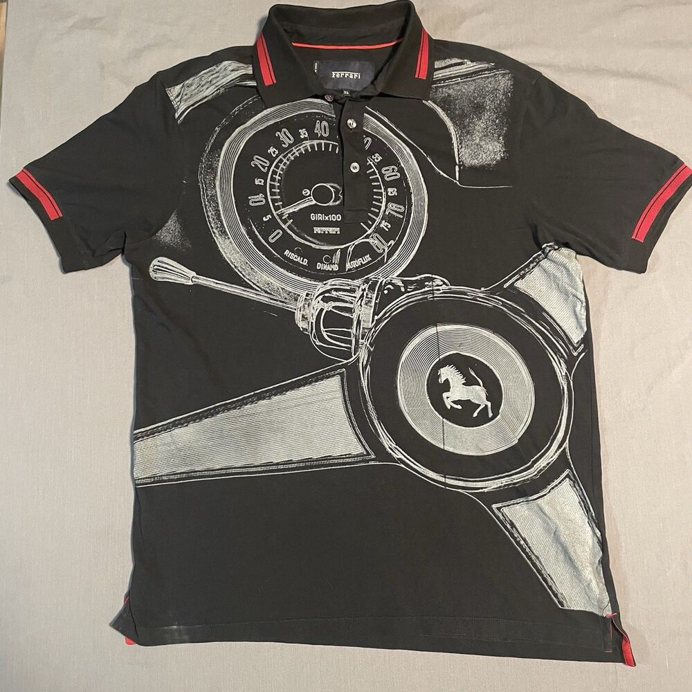 Vintage Ferrari Black AOP Polo Short Men’s XL Steering Wheel Speedometer